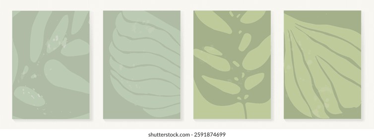 Set of abstract foliage poster vector. Leaves, flower, organic shapes, earth tone colors, leaf branch. Illustration design for Eco packaging, interior, cover, wall art, wallpaper.