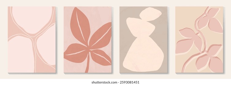 Set of abstract foliage poster vector. Leaves, flower, organic shapes, earth tone colors, leaf branch. Illustration design for Eco packaging, interior, cover, wall art, wallpaper.