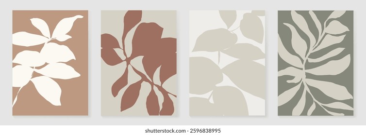 Set of abstract foliage poster vector. Leaves, flower, organic shapes, earth tone colors, leaf branch. Illustration design for Eco packaging, interior, cover, wall art, wallpaper.