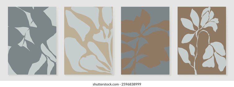 Set of abstract foliage poster vector. Leaves, flower, organic shapes, earth tone colors, leaf branch. Illustration design for Eco packaging, interior, cover, wall art, wallpaper.