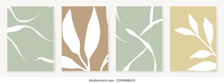 Set of abstract foliage poster vector. Leaves, flower, organic shapes, earth tone colors, leaf branch. Illustration design for Eco packaging, interior, cover, wall art, wallpaper.