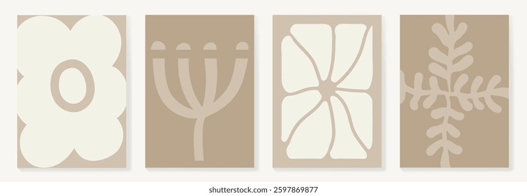 Set of abstract foliage poster vector. Leaves, flower, organic shapes, earth tone colors, leaf branch. Illustration design for Eco packaging, interior, cover, wall art, wallpaper.
