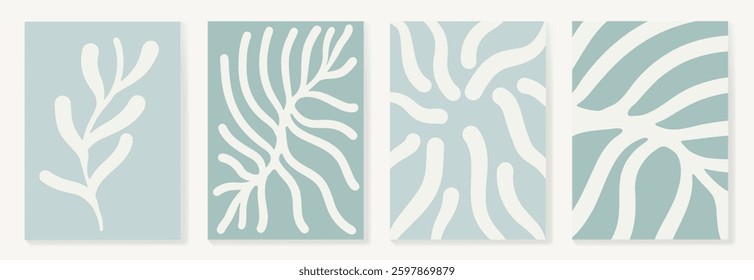 Set of abstract foliage poster vector. Leaves, flower, organic shapes, earth tone colors, leaf branch. Illustration design for Eco packaging, interior, cover, wall art, wallpaper.
