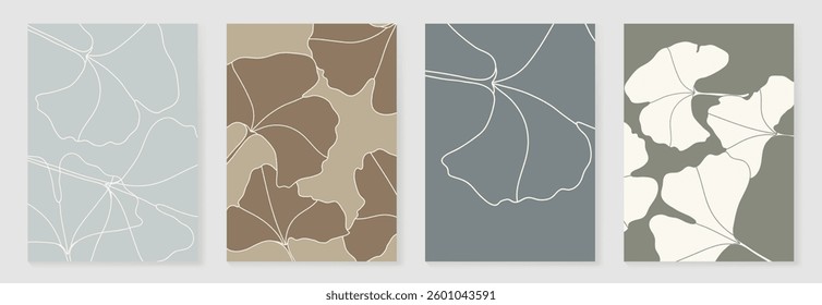 Set of abstract foliage poster vector. Leaves, flower, organic shapes, earth tone colors, leaf branch. Illustration design for Eco packaging, interior, cover, wall art, wallpaper.