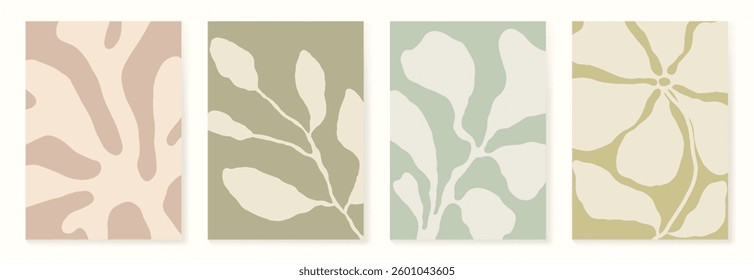 Set of abstract foliage poster vector. Leaves, flower, organic shapes, earth tone colors, leaf branch. Illustration design for Eco packaging, interior, cover, wall art, wallpaper.