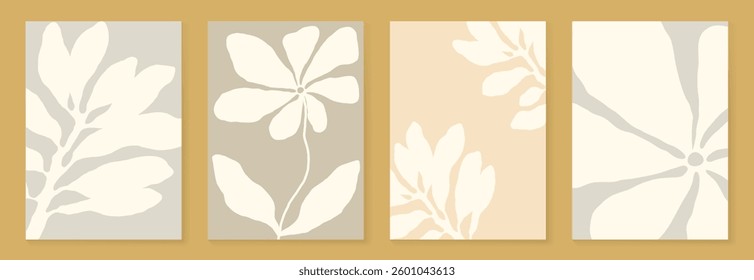 Set of abstract foliage poster vector. Leaves, flower, organic shapes, earth tone colors, leaf branch. Illustration design for Eco packaging, interior, cover, wall art, wallpaper.