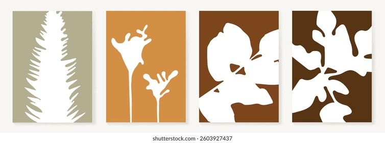 Set of abstract foliage poster vector. Leaves, flower, organic shapes, earth tone colors, leaf branch. Illustration design for Eco packaging, interior, cover, wall art, wallpaper.