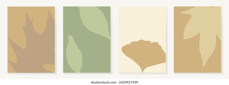 Set of abstract foliage poster vector. Leaves, flower, organic shapes, earth tone colors, leaf branch. Illustration design for Eco packaging, interior, cover, wall art, wallpaper.