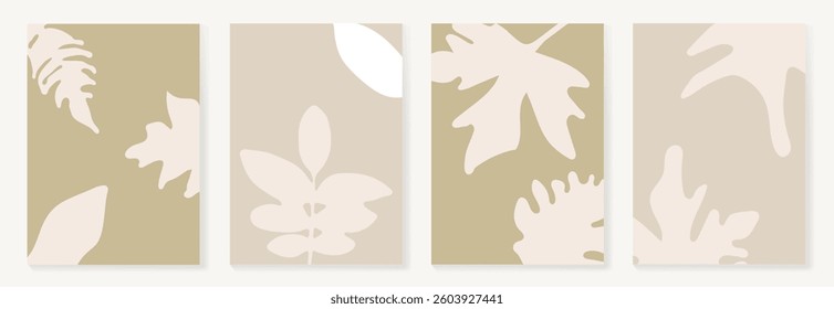 Set of abstract foliage poster vector. Leaves, flower, organic shapes, earth tone colors, leaf branch. Illustration design for Eco packaging, interior, cover, wall art, wallpaper.