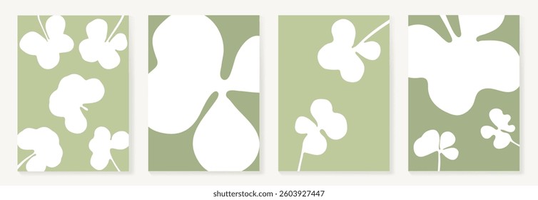 Set of abstract foliage poster vector. Leaves, flower, organic shapes, earth tone colors, leaf branch. Illustration design for Eco packaging, interior, cover, wall art, wallpaper.