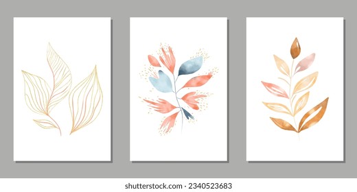 Set of abstract foliage posters. Three posters with leaves in Scandinlavic style. Wall decor