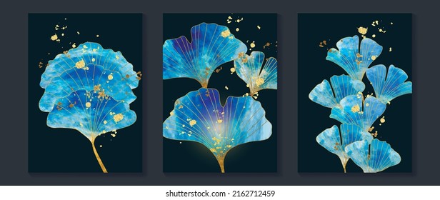 Set of abstract foliage wall art template. Elegant line art, leaves, blue ginkgo leaf, gold foil texture. Collection of luxury wall decoration perfect for decorative, interior, prints, banner.