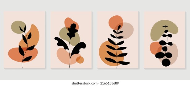 Conjunto de vector de arte de pared foliage abstracto. Hojas, formas orgánicas, colores de tono de tierra, rama de hoja en estilo de arte de línea. Diseño de la colección de paredes de líneas para interiores, afiche, cubierta, banner.