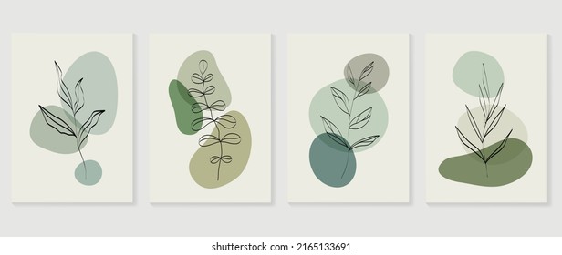 Set of abstract foliage wall art vector. Leaves, organic shapes, earth tone colors, leaf branch in line art style. Line wall decoration collection design for interior, poster, cover, banner.