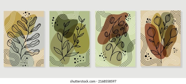 Set of abstract foliage wall art vector. Leaves, organic shapes, earth tone colors, leaf branch in line art style. Line wall decoration collection design for interior, poster, cover, banner.