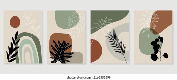 Conjunto de vector de arte de pared foliage abstracto. Hojas, formas orgánicas, colores de tono de tierra, rama de hoja en estilo de arte de línea. Diseño de la colección de paredes de líneas para interiores, afiche, cubierta, banner.