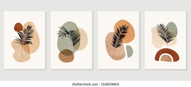 Conjunto de vector de arte de pared foliage abstracto. Hojas, formas orgánicas, colores de tono de tierra, rama de hoja en estilo de arte de línea. Diseño de la colección de paredes de líneas para interiores, afiche, cubierta, banner.