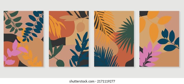 Set of abstract foliage wall art vector. Leaves, organic shapes,colorful, leaf branch, jungle in line art style. Botanical wall decoration collection design for interior, poster, cover, banner.