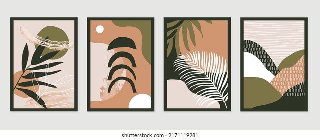 Set of abstract foliage wall art vector. Leaves, organic shapes, earth tone colors, leaf branch in line art style. Watercolor wall decoration collection design for interior, poster, cover, banner.