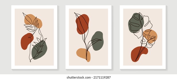 Conjunto de vector de arte de pared foliage abstracto. Hojas, formas orgánicas, colores de tono de tierra, rama de hoja en estilo de arte de línea. Diseño de la colección de paredes botánicas para interiores, afiche, cubierta, banner.