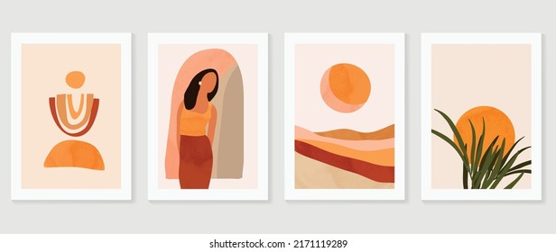 Conjunto de vector de arte de pared foliage abstracto. Hojas, formas orgánicas, tono de tierra, rama de hoja, mujer en estilo de arte de línea. Diseño de la colección de paredes botánicas para interiores, afiche, cubierta, banner.