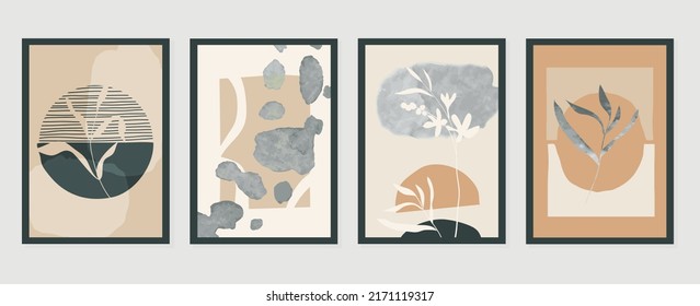 Conjunto de vector de arte de pared foliage abstracto. Hojas, formas orgánicas, colores de tono de tierra, rama de hoja en estilo de arte de línea. Colección de paredes acuáticas para decoración interior, afiche, cubierta, banner.