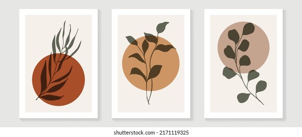 Set Of Abstract Foliage Wall Art Vector. Leaves, Organic Shapes, Earth Tone Colors, Leaf Branch In Line Art Style. Botanical Wall Decoration Collection Design For Interior, Poster, Cover, Banner.