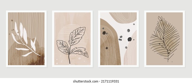 Set of abstract foliage wall art vector. Leaves, organic shapes, earth tone colors, leaf branch in line art style. Watercolor wall decoration collection design for interior, poster, cover, banner.