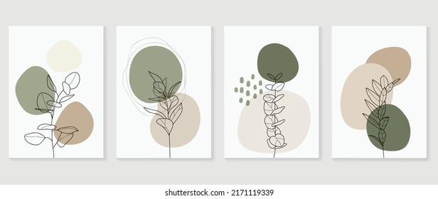 Set of abstract foliage wall art vector. Leaves, organic shapes, earth tone colors, leaf branch in line art style. Botanical wall decoration collection design for interior, poster, cover, banner.