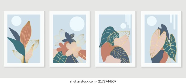 Set of abstract foliage wall art vector. Leaves, flowers, gold lines, leaf branch, monstera in line art style. Luxury botanical wall decoration collection design for interior, poster, cover, banner.