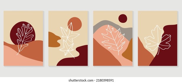 Set of abstract foliage wall art vector. Leaves, organic shapes, earth tone colors, leaf branch in line art style. Autumn season wall decoration collection design for interior, poster, cover, banner.