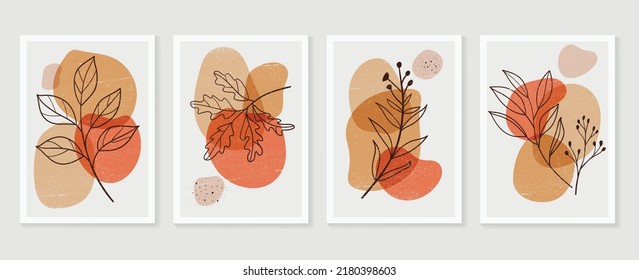 Set of abstract foliage wall art vector. Leaves, organic shapes, earth tone colors, leaf branch in line art style. Autumn season wall decoration collection design for interior, poster, cover, banner.