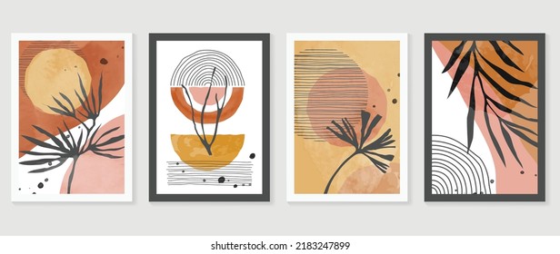 Set of abstract foliage wall art vector. Leaves, organic shapes, earth tone, leaf branch, tree in line art style. Watercolor wall decoration collection design for interior, poster, cover, banner.