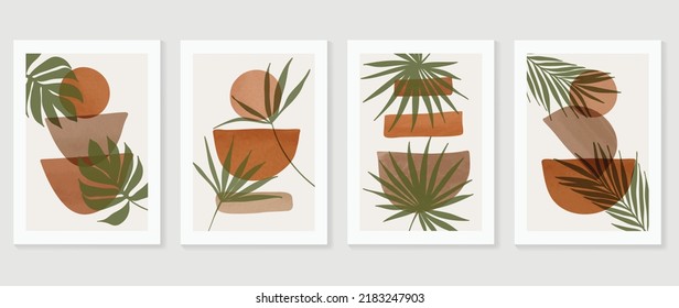 Set of abstract foliage wall art vector. Leaves, organic shapes, earth tone, palm leaf, monstera in hand drawn. Watercolor wall decoration collection design for interior, poster, cover, banner.