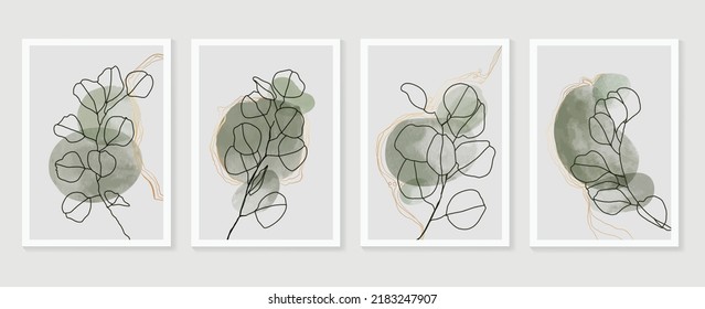 Set of abstract foliage wall art vector. Leaves, organic shapes, green tone, leaf branch, eucalyptus in line art style. Luxury wall decoration collection design for interior, poster, cover, banner.