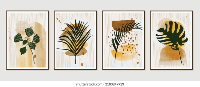 Set of abstract foliage wall art vector. Leaves, organic shapes, earth tone, leaf branch, monstera in line art style. Watercolor wall decoration collection design for interior, poster, cover, banner.