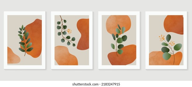 Set of abstract foliage wall art vector. Leaves, organic shapes, earth tone colors, leaf branch in hand drawn. Watercolor wall decoration collection design for interior, poster, cover, banner.