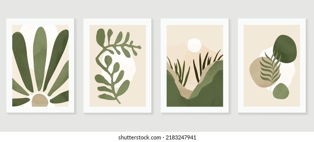 Conjunto de vector de arte de pared foliage abstracto. Hojas, formas orgánicas, tono verde, rama de hoja, flores dibujadas a mano. Colección de paredes acuáticas para decoración interior, afiche, cubierta, banner.