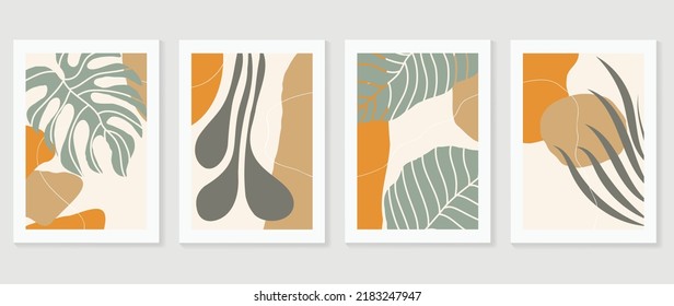 Set of abstract foliage wall art vector. Leaves, organic shapes, earth tone, leaf branch, monstera in hand drawn. Botanical wall decoration collection design for interior, poster, cover, banner.
