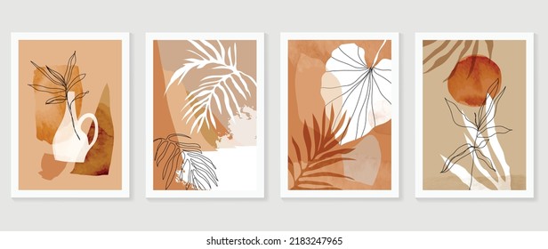 Set von abstrakter Blattwerk-Wandkunst-Vektorgrafik. Blätter, organische Formen, Erdton, Blattzweig, Vase im Kunststil. Aquarellfarben Wanddekoration Design für Inneneinrichtung, Poster, Deckel, Banner.