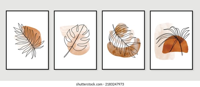 Set of abstract foliage wall art vector. Leaves, organic shapes, earth tone, leaf branch, monstera in line art style. Watercolor wall decoration collection design for interior, poster, cover, banner.