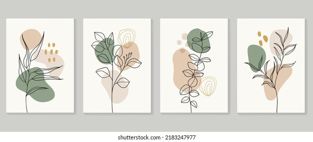 Set of abstract foliage wall art vector. Leaves, organic shapes, earth tone, leaf branch, tree, eucalyptus in hand drawn. Luxury wall decoration collection design for interior, poster, cover, banner.