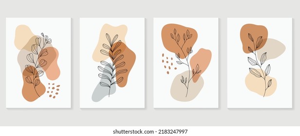 Set of abstract foliage wall art vector. Leaves, organic shapes, earth tone colors, leaf branch in hand drawn. Botanical wall decoration collection design for interior, poster, cover, banner.