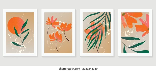 Set of abstract foliage wall art vector. Leaves, organic shapes, earth tone colors, leaf branch, flowers in hand drawn. Watercolor wall decoration collection design for interior, poster, cover.