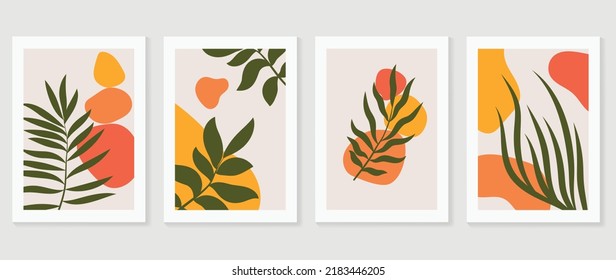 Set of abstract foliage wall art vector. Leaves, organic shapes, earth tone colors, leaf branch in hand drawn. Botanical wall decoration collection design for interior, poster, cover, banner.
