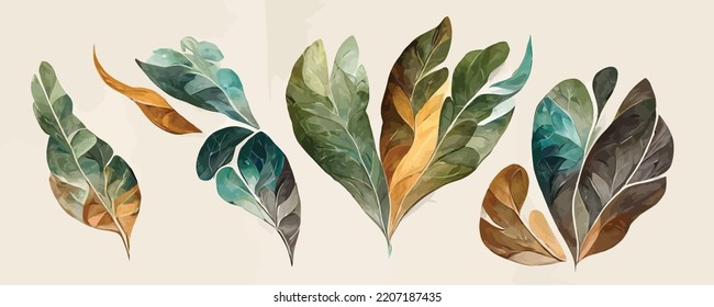 set of abstract foliage wall art vector. Leaves organic, background, banner