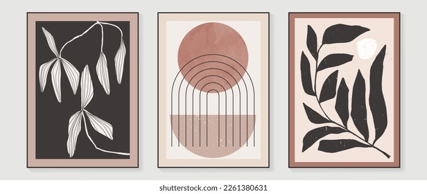 Conjunto de vector de arte de pared foliage abstracto. Textura acuarela, vintage, ramas de hoja, formas en estilo dibujado a mano. Diseño de la colección de paredes botánicas para interiores, afiche, cubierta, banner.