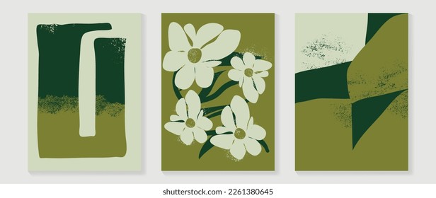 Set of abstract foliage wall art vector. Grunge and watercolor texture, green color, flowers in hand drawn style. Botanical wall decoration collection design for interior, poster, cover, banner.
