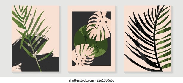 Set of abstract foliage wall art vector. Watercolor texture, tropical plants, palm leaf, monstera in hand drawn style. Botanical wall decoration collection design for interior, poster, cover, banner.