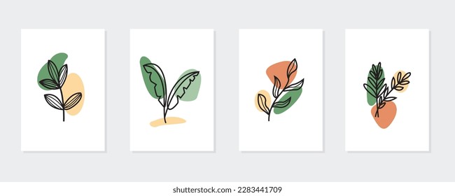 Set of abstract foliage wall art vector. Designed with black outline, blend with abstract shape hand strokes. Botanical concept wall decor collection design for interior, poster, cover, banners. 